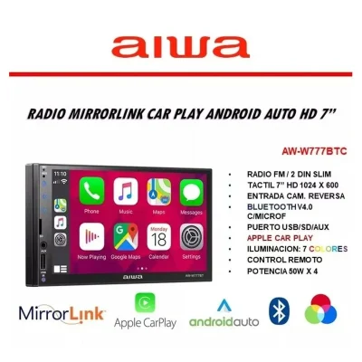 Radio Aiwa Hd 7" Full Touch, 2 Din, Carplay, Android Auto, Mirrorlink, - Imagen 3